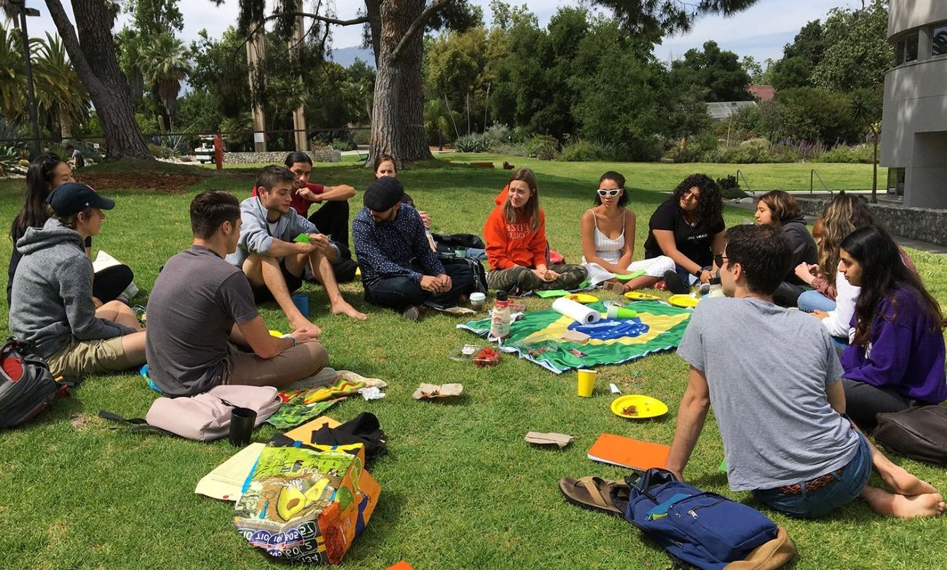 Fourteen student sit on the mounds around a 巴西ian flag. 